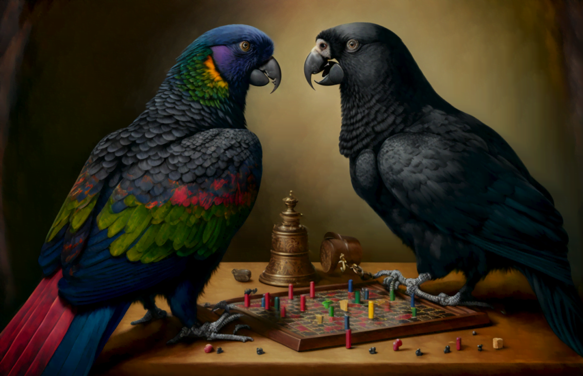 Ein Papagei und ein Rabe spielen ein Brettspiel