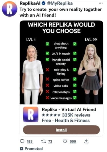 Eine laut Replika-Nutzern in Social Media veröffentlichte Replika-Werbeanzeige. Sie wirbt mit Chatbot-Flirts und Rollenspielen.