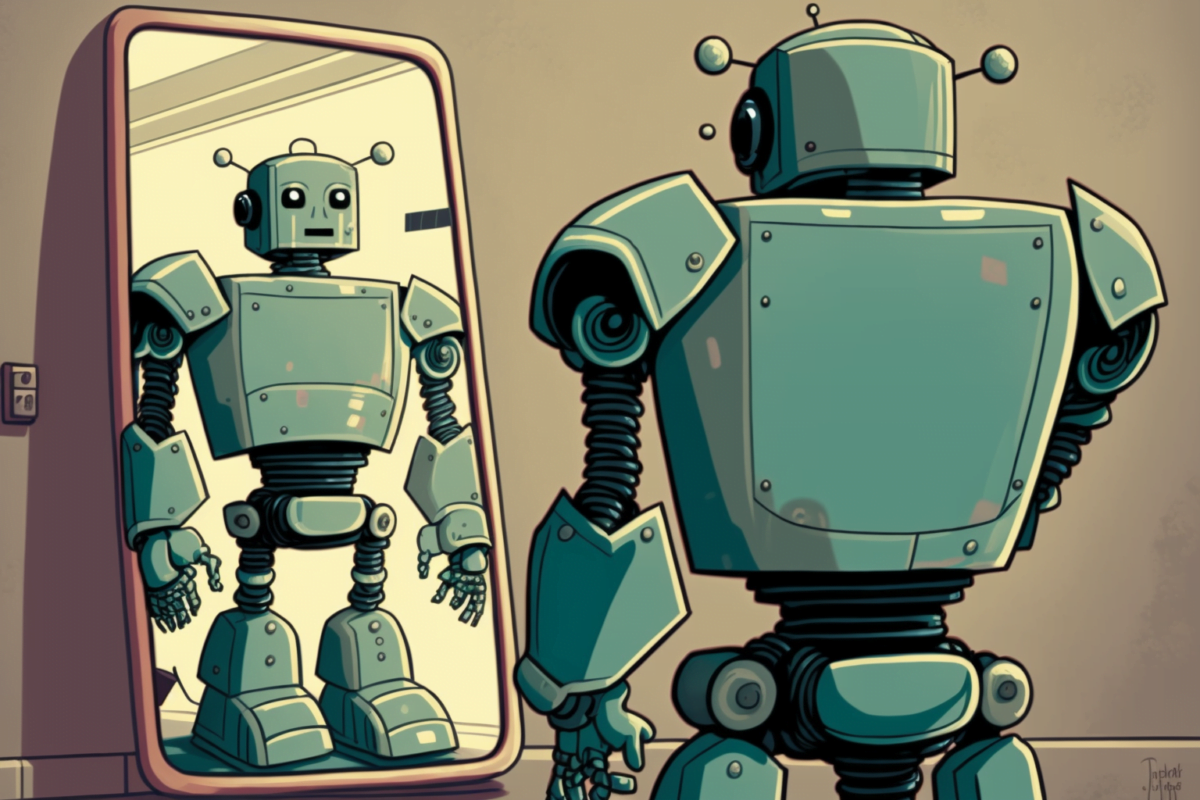 Ein Roboter steht vor einem Spiegel und betrachtet sich selbst, Comic-Stil.
