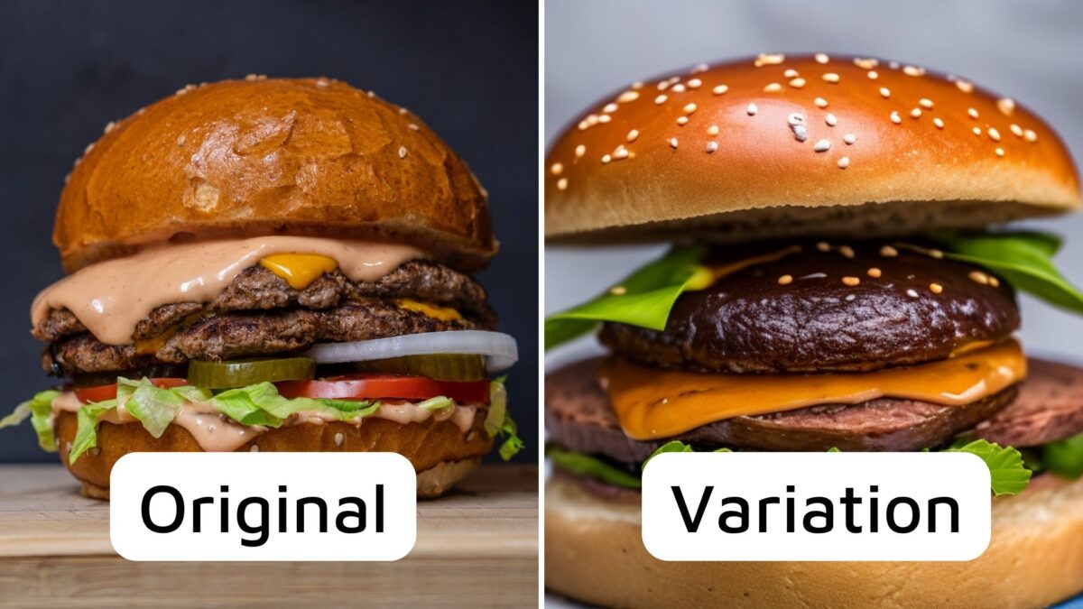 Links ist das Foto eines Burgers zu sehen, rechts die von Stable Diffusion Reimagine anhand dessen generierte Variante.