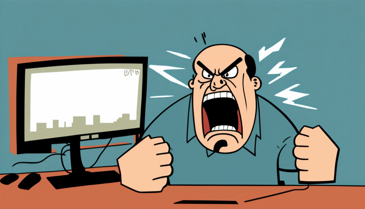 Ein verärgerter Kunde sitzt schimpfend vor seinem PC, Comic-Zeichnung