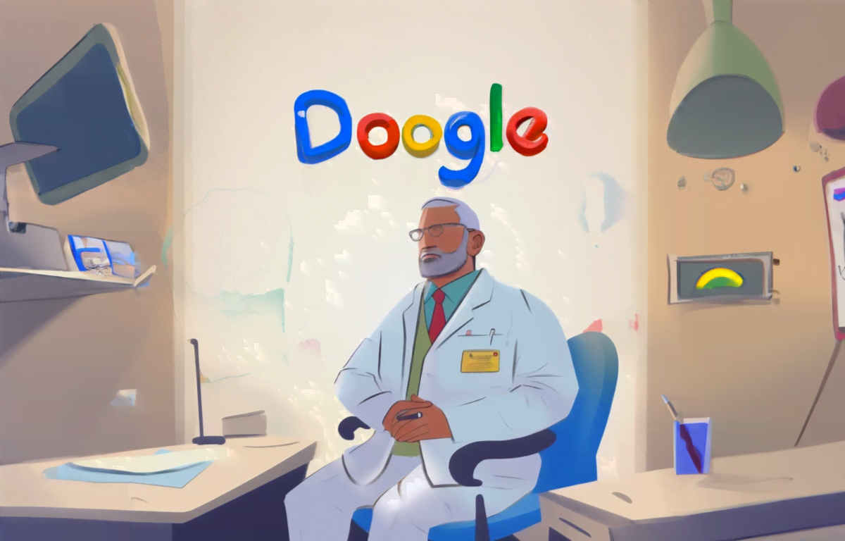 Comic eines Doktors der wartend in einem Büro sitzt, groß über ihm der Schriftzug "DOOGLE" in Google-Logo-Farben, eine Anspielung auf Dr. Google.