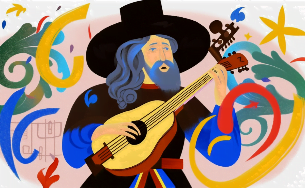 Ein Barde singt ein Lied, die Noten um ihn herum erscheinen in Google-Farben, Illustration generiert mit Midjourney