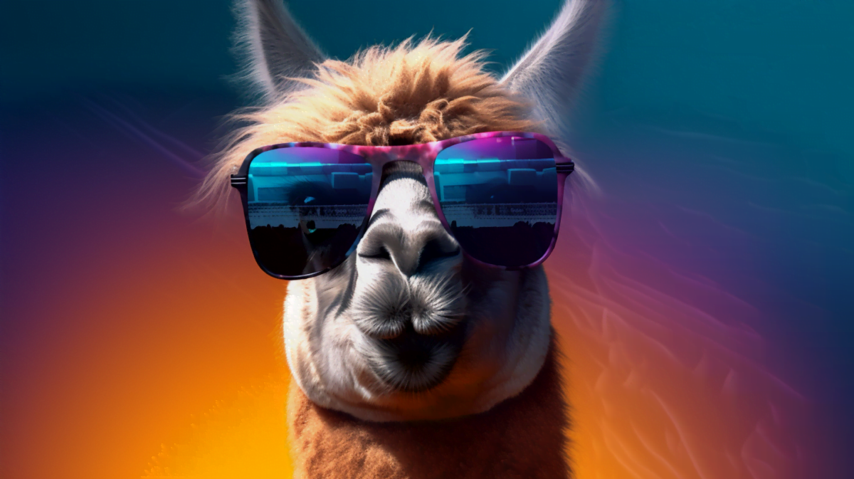 Ein Lama mit Brille sitzt vor einem PC. Digital Art.