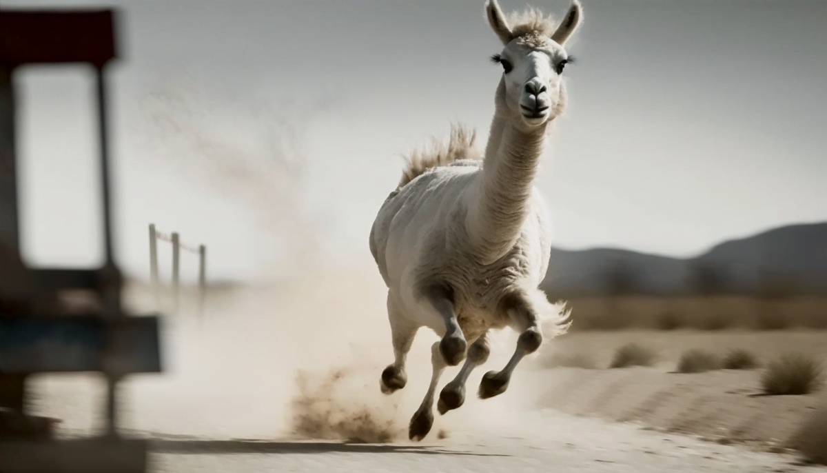 Ein weißes Lama rennt auf einer staubigen Straße in die Freiheit.