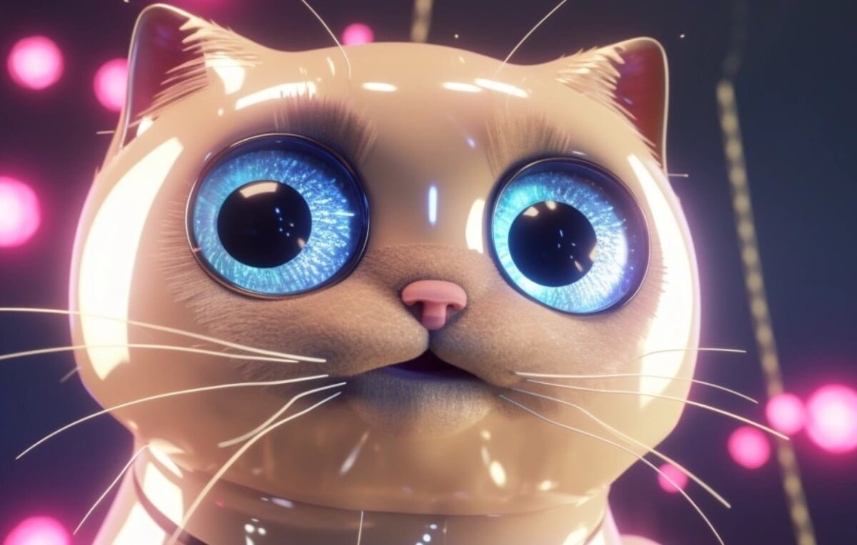 Eine KI-generierte Katze aus Porzellan schaut mit weit aufgerissenen blauen Augen in die Kamera. Das Bild wirkt fotorealistisch. Es ist mit Midjourney v5 generiert.