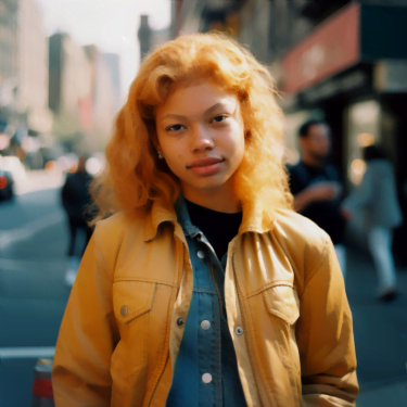 Midjourney v5, Prompt: "streetstyle of a young woman in new york, shot on kodak gold 200"