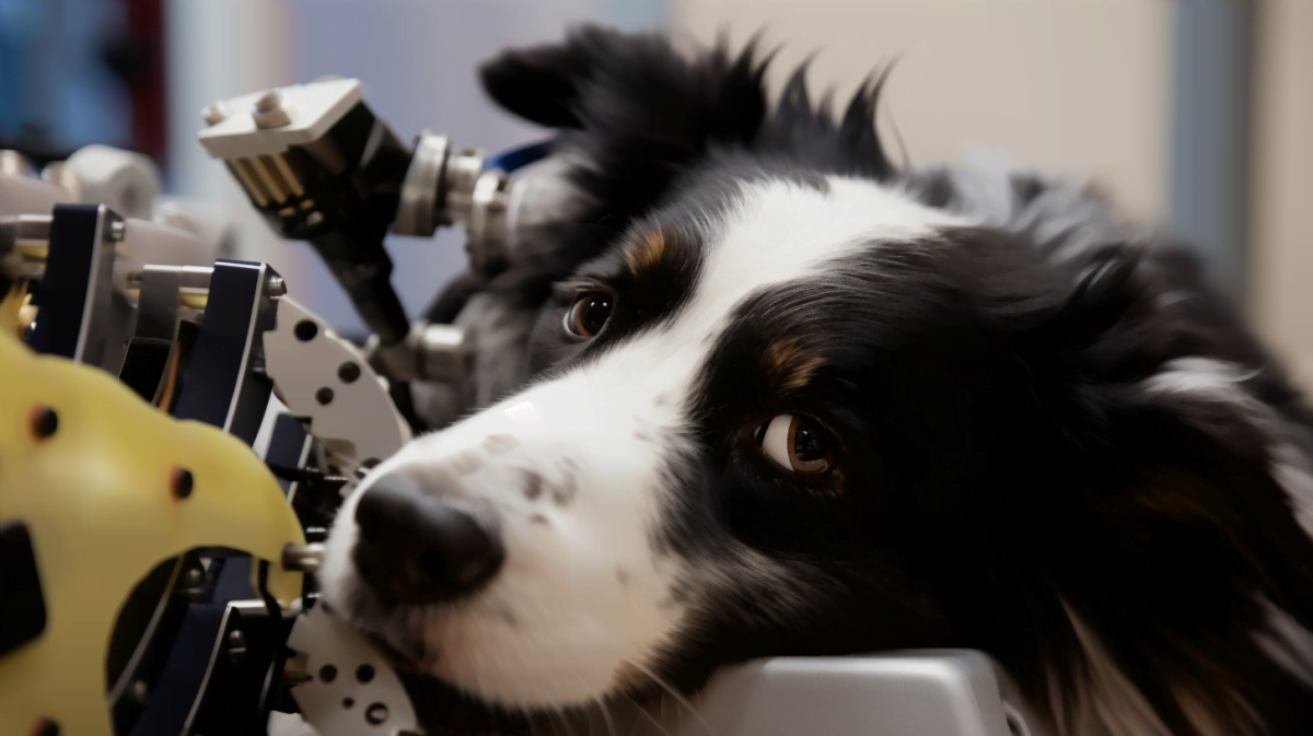 Ein Hund neben einem Roboter, KI-generiert.