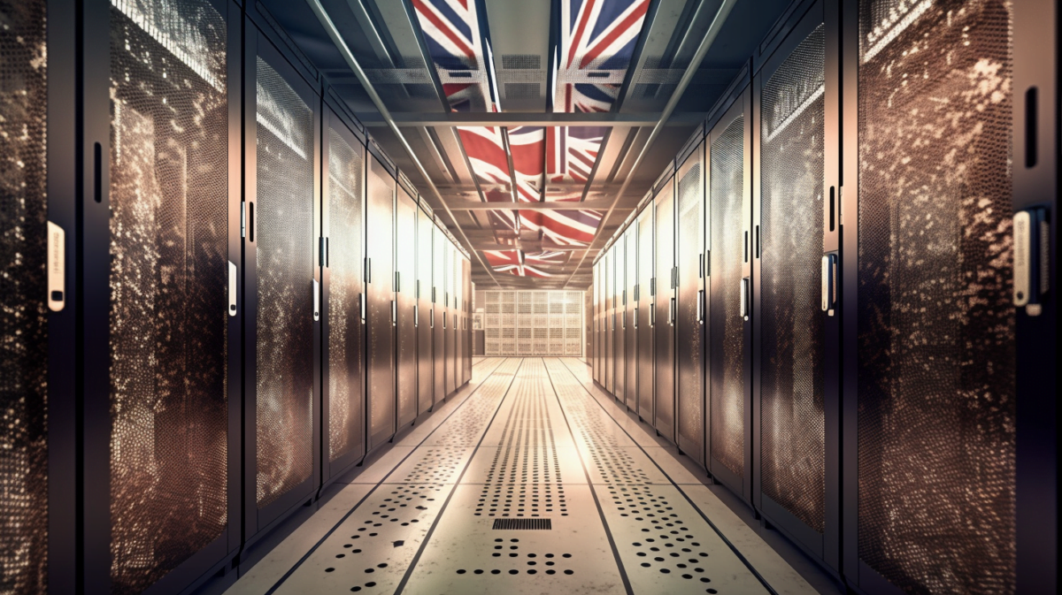 Ein KI-Supercomputer in einem Gang, an der Decke spiegelt sich die UK-Flagge, KI-Art generiert mit Midjourney
