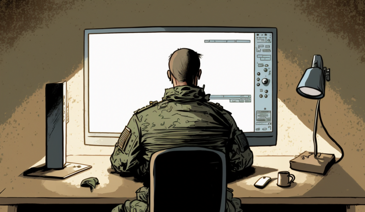 EIn Soldat sitzt mit dem Rücken zur Kamera in Uniform an einem Schreibtisch und schaut auf einen Monitor.