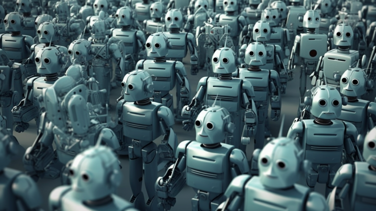Viele ähnlich aussehende Roboter stehen bereit.