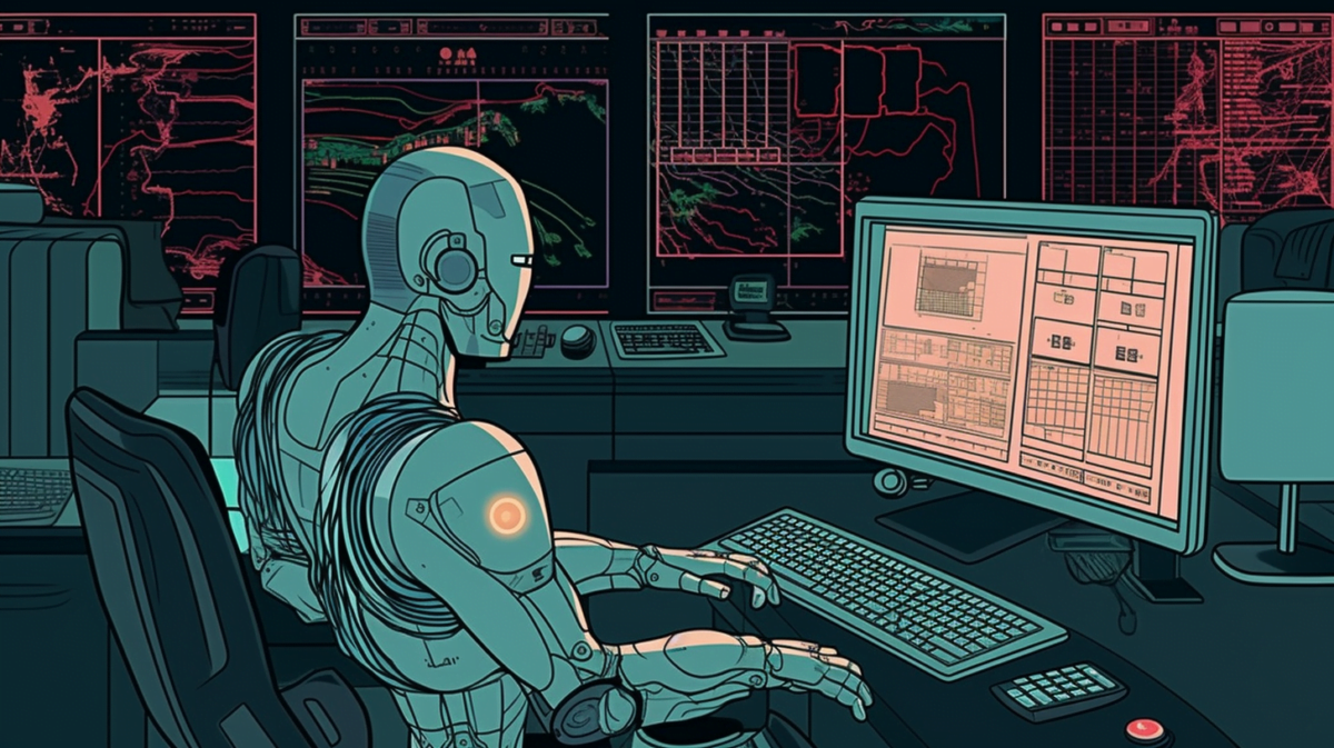 Ein Roboter bedient ein Bloomberg-Terminal, Midjourney