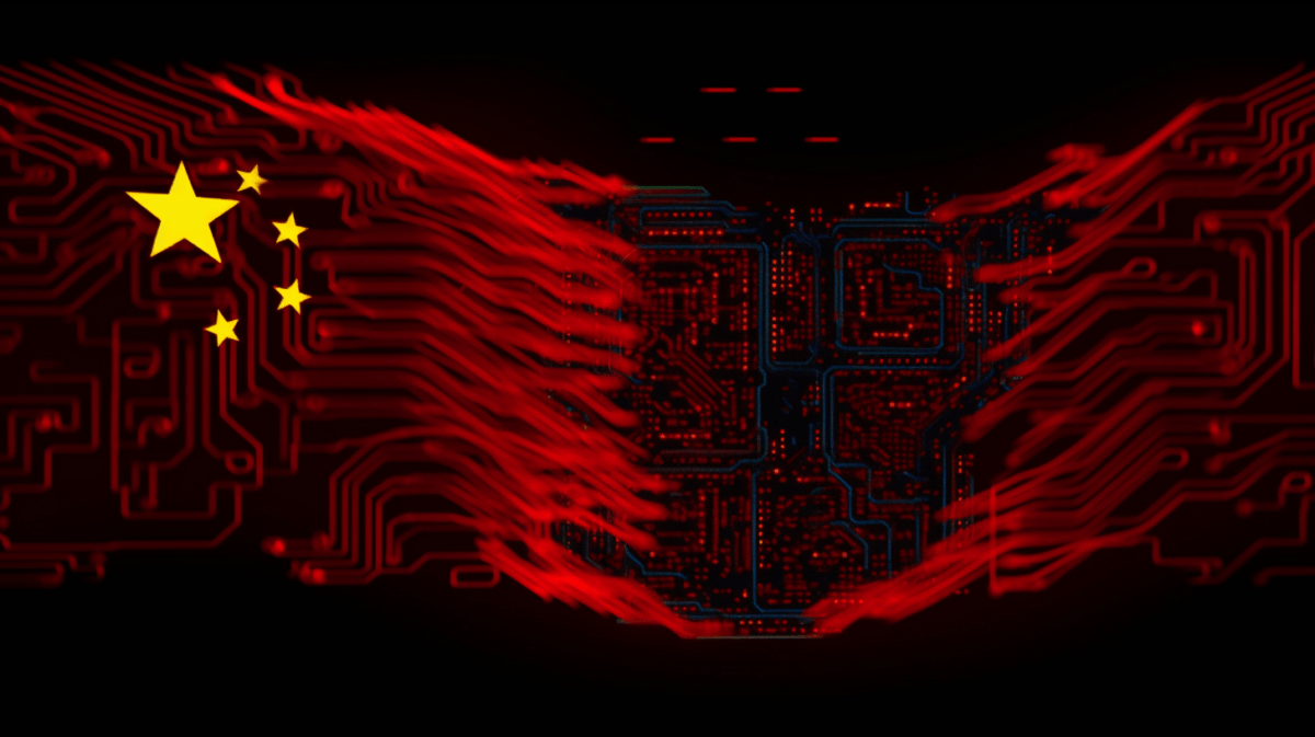 A chinese flag interpreted as a stream of data, midjourney, AI image
