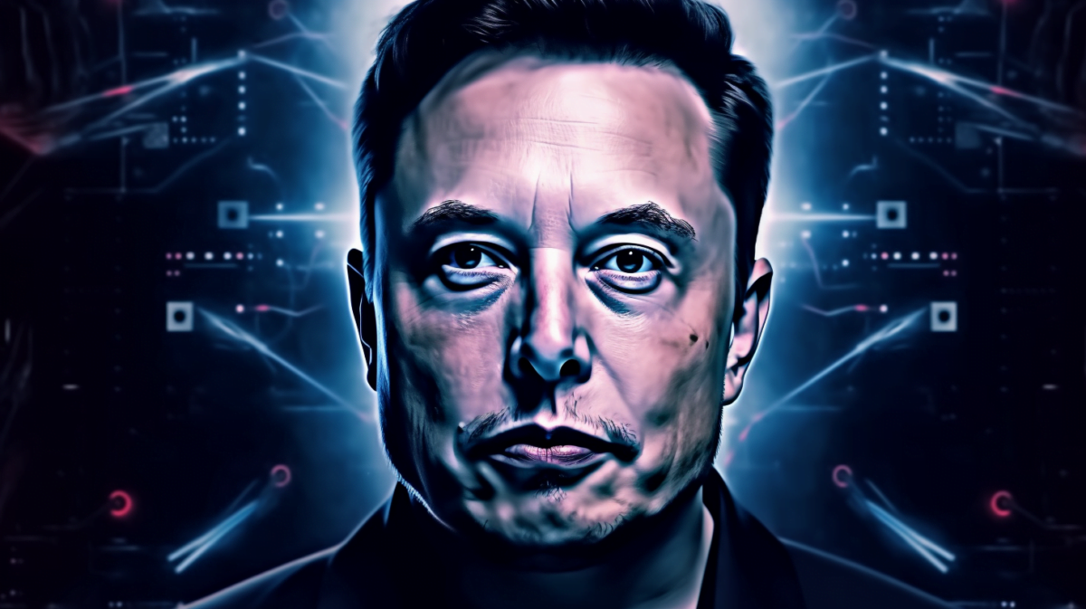 Ein Porträtbild von Elon Musk, KI-generiert, in einem digital Stil, mit Prozessoren und Neuronen im Hintergrund, Computer-generiert