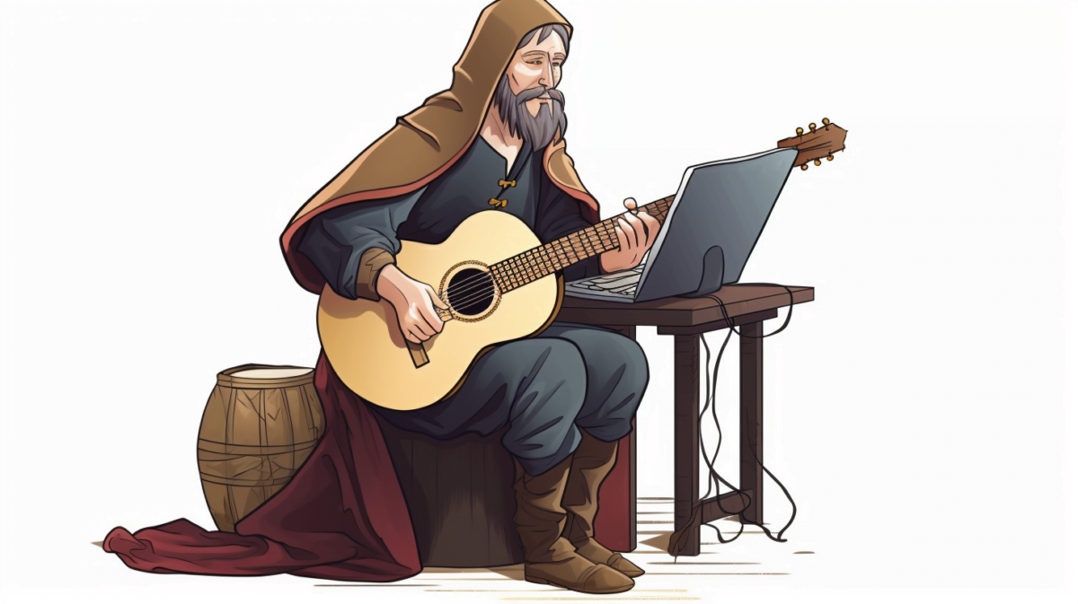 Illustration eines Barden mit Gitarre, an einem Tisch sitzend, mit einem Laptop darauf.
