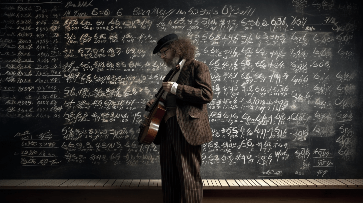 Ein Barde steht vor einer Tafel voller mathematischer Gleichungen und Zahlen und zupft an seiner Laute, fotorealistisch, KI-Bild mit Midjourney generiert