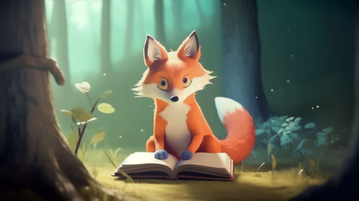 ein Cartoon-Fuchs, der ein Buch vor einem Wald hält, im Stil des exquisiten Realismus, subtile Farbverläufe, Algeapunk, freie Pinselführung, realistische Beleuchtung, niedlich und farbenfroh, sonian