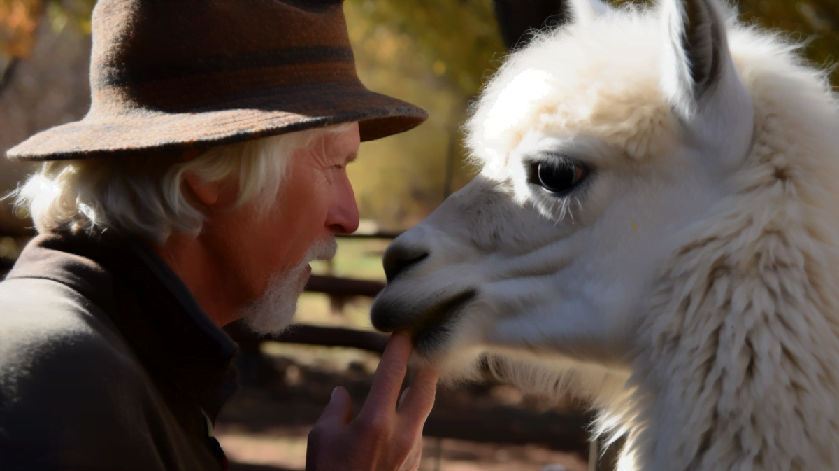 Ein alter Mann flüster zu einem Llama, KI-Kunst, generiert mit Midjourney