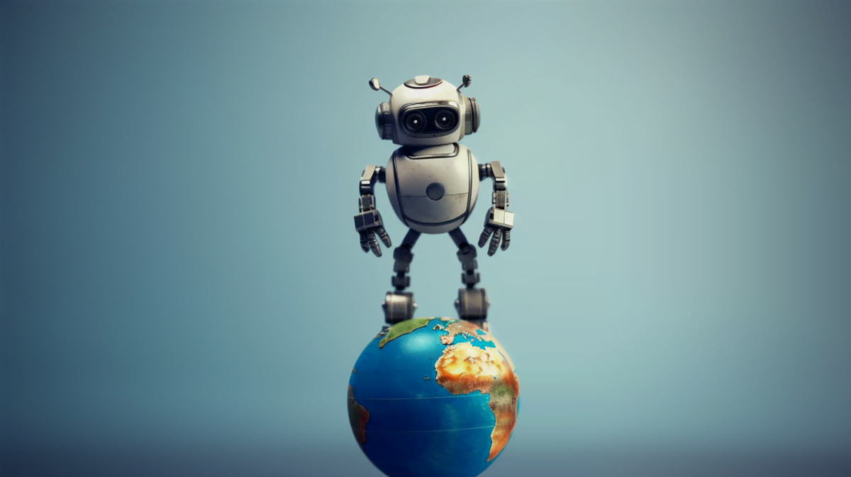 Niedliche Illustration eines Roboters, der auf einer kleinen Welt steht.