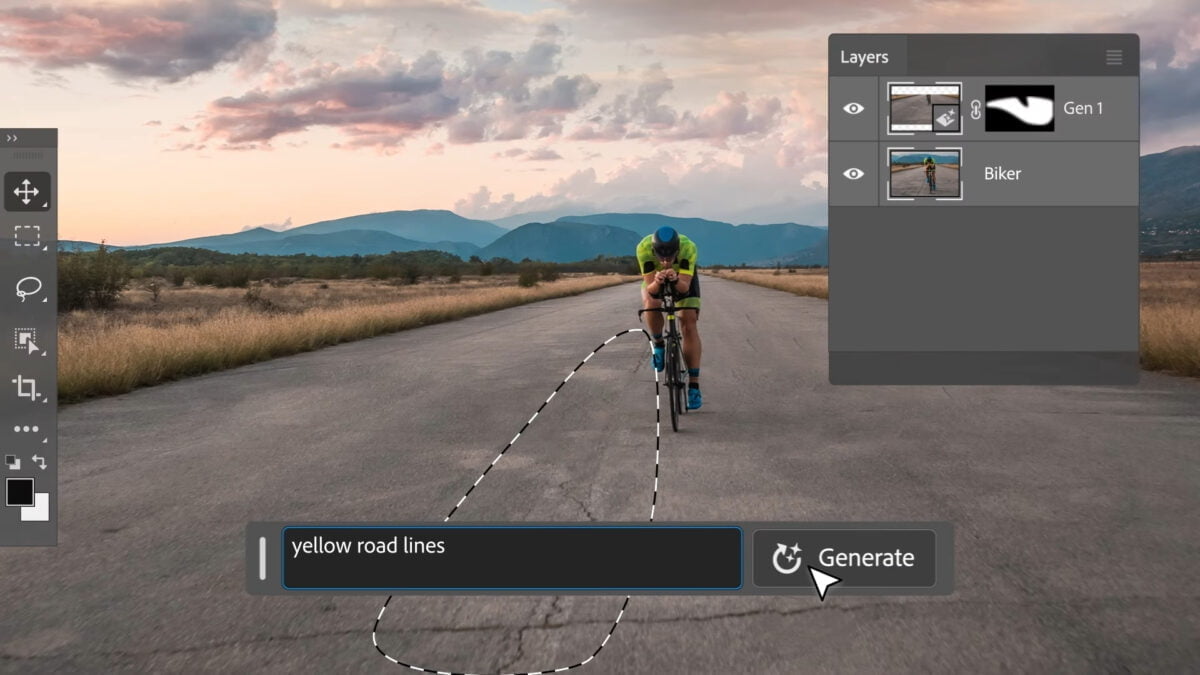 Das Interface von Photoshop, ein Fahrradfahrer auf einer Straße, darunter eine Textbox, die besagt, dass gelbe Linie auf den Asphalt gemalt werden sollen.
