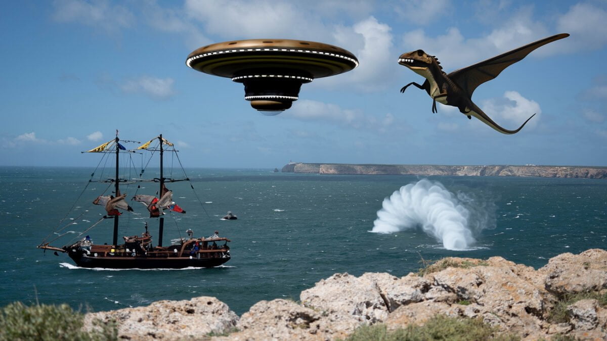 Foto vom Meer mit unnatürlichen Dingen wie Piratenschiff, Dinosaurier und UFO.