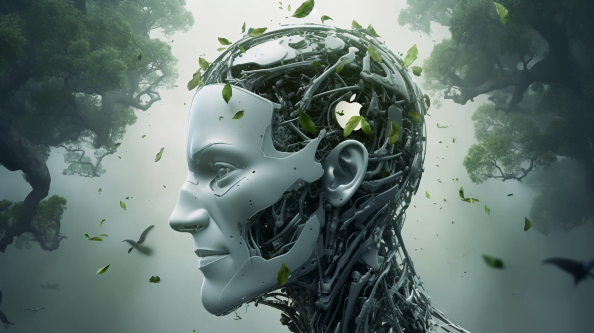 Illustration vom Kopf eines menschlichen Roboters, Apple-Logo im Inneren zu sehen.