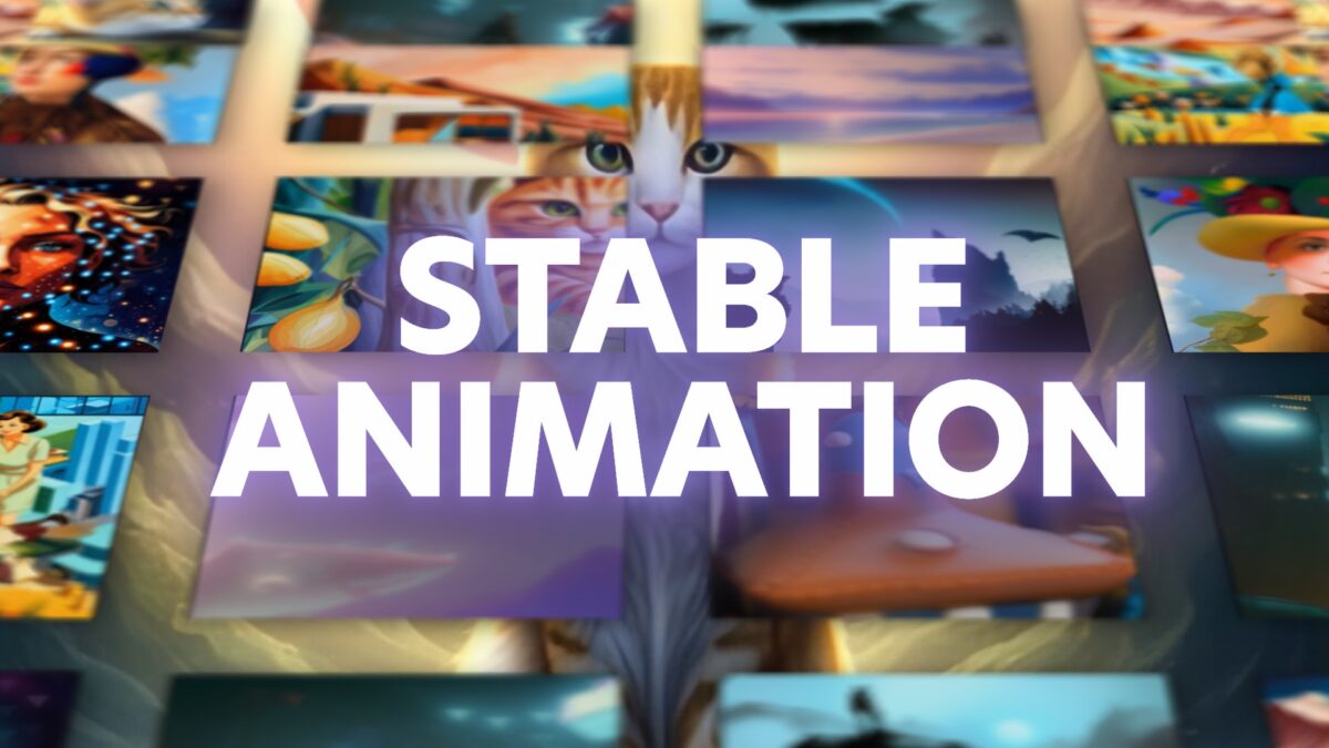 Leuchtender Schriftzug "Stable Animation" vor verschiedenen KI-generierten Bildern.