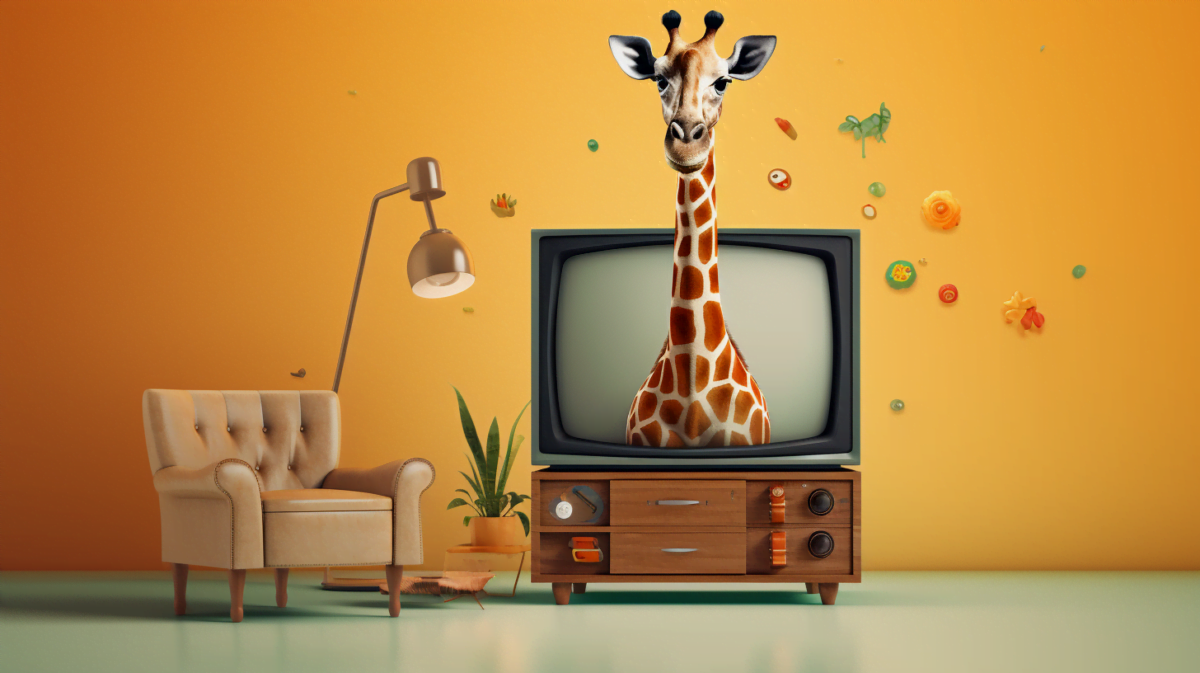 KI-generierte Illustration eines Wohnzimmers mit Sessel und Lampe und einem Röhrenfernseher, aus dem der Hals einer überdimensionalen Giraffe herausragt.