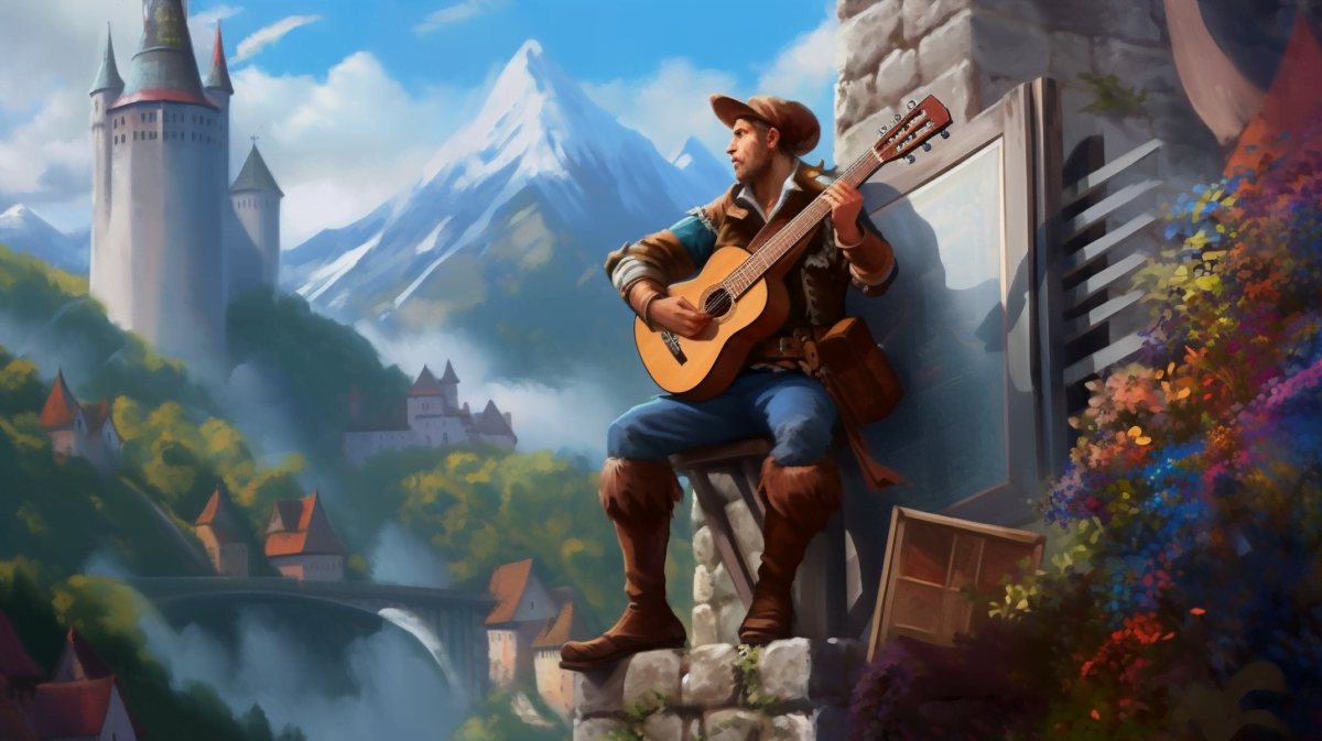 A Bard looking at beautiful European castles, which he cannot reach.