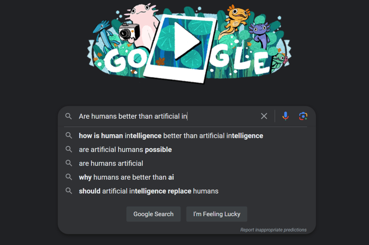 Ein Screenshot der Google Suche mit Autovervollständigung zu der Frage, ob Menschen besser sind als Künstliche Intelligenz.