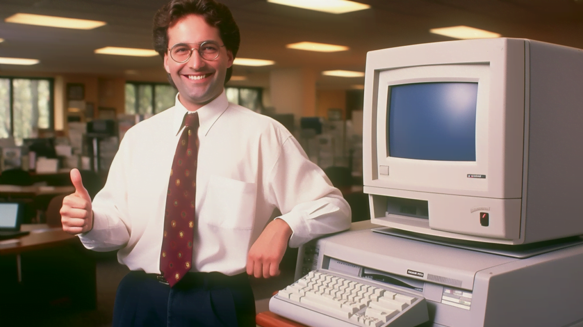 Ein Mann steht vor einem alten Computer und gibt den Daumen hoch, KI-Foto generiert mit Midjourney