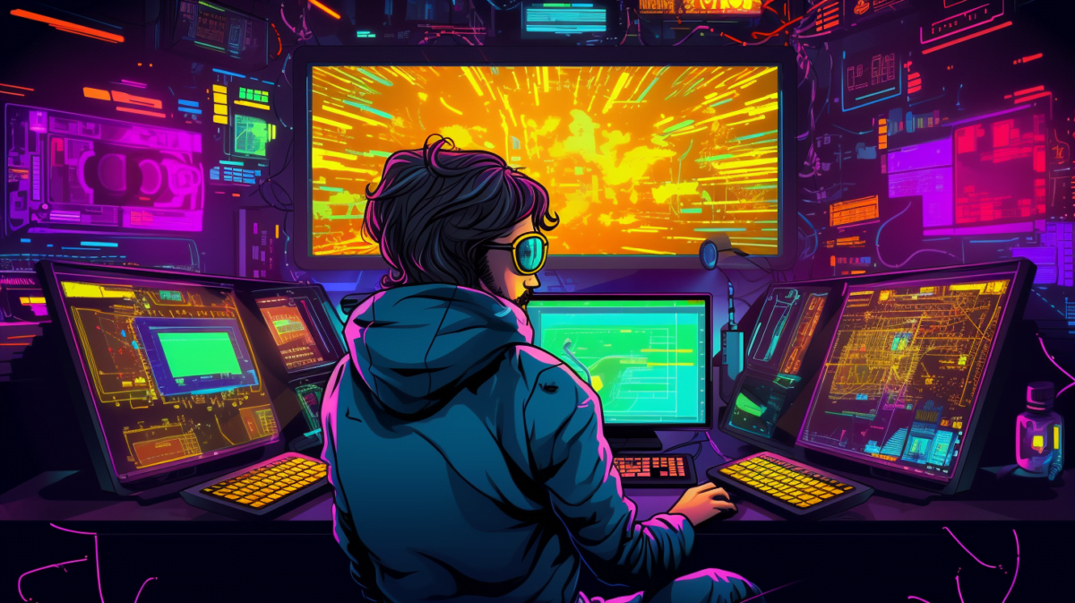 Farbenfrohe KI-Illustration eines Programmierers vor mehreren Bildschirmen.