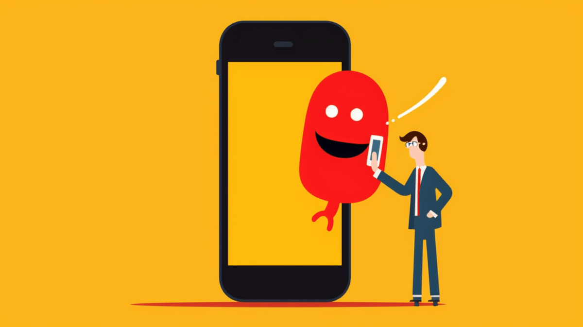 Illustration eines übergroßen Smartphones mit einer Sprechblase daraus kommend, davor ein Mensch.