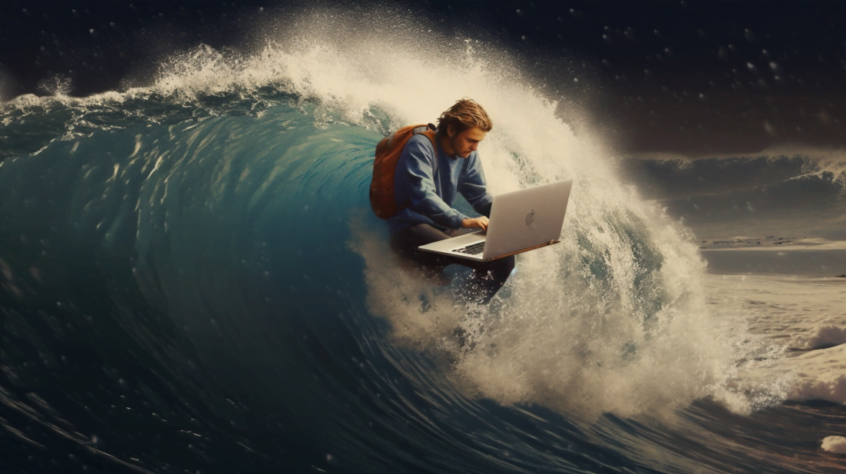 Illustration eines Mannes, der mit Laptop auf dem Schoß in einer Welle sitzt.