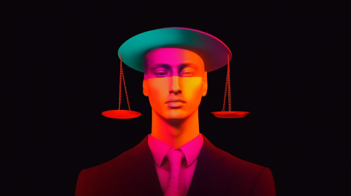 Technological singularity, superintelligence dressed up as a lawyer clown, hyperintelligence, superhuman intelligence in a glitch aesthetic style