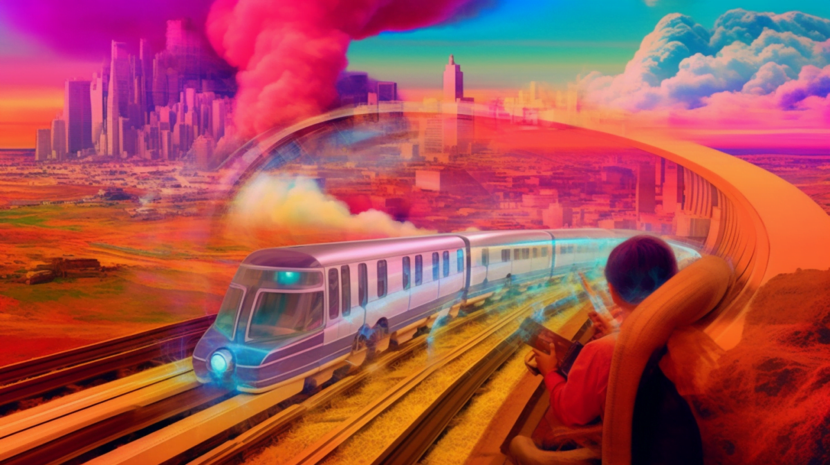 Ein fantastischer Zug fährt durch eine bunte Fantasiewelt, generierte KI-Kunst, Midjourney