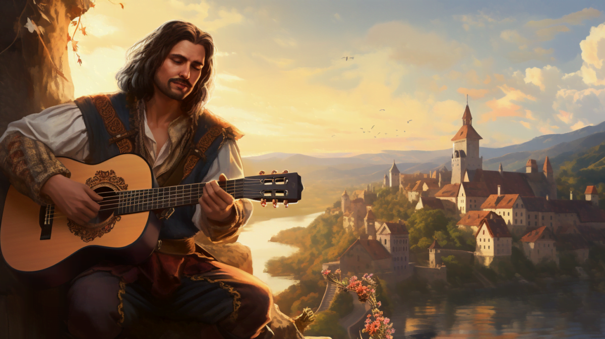 Barde mit Gitarre sitzt an einem Baum gelehnt, im Hintergrund eine Landschaft mit einer alten Stadt.