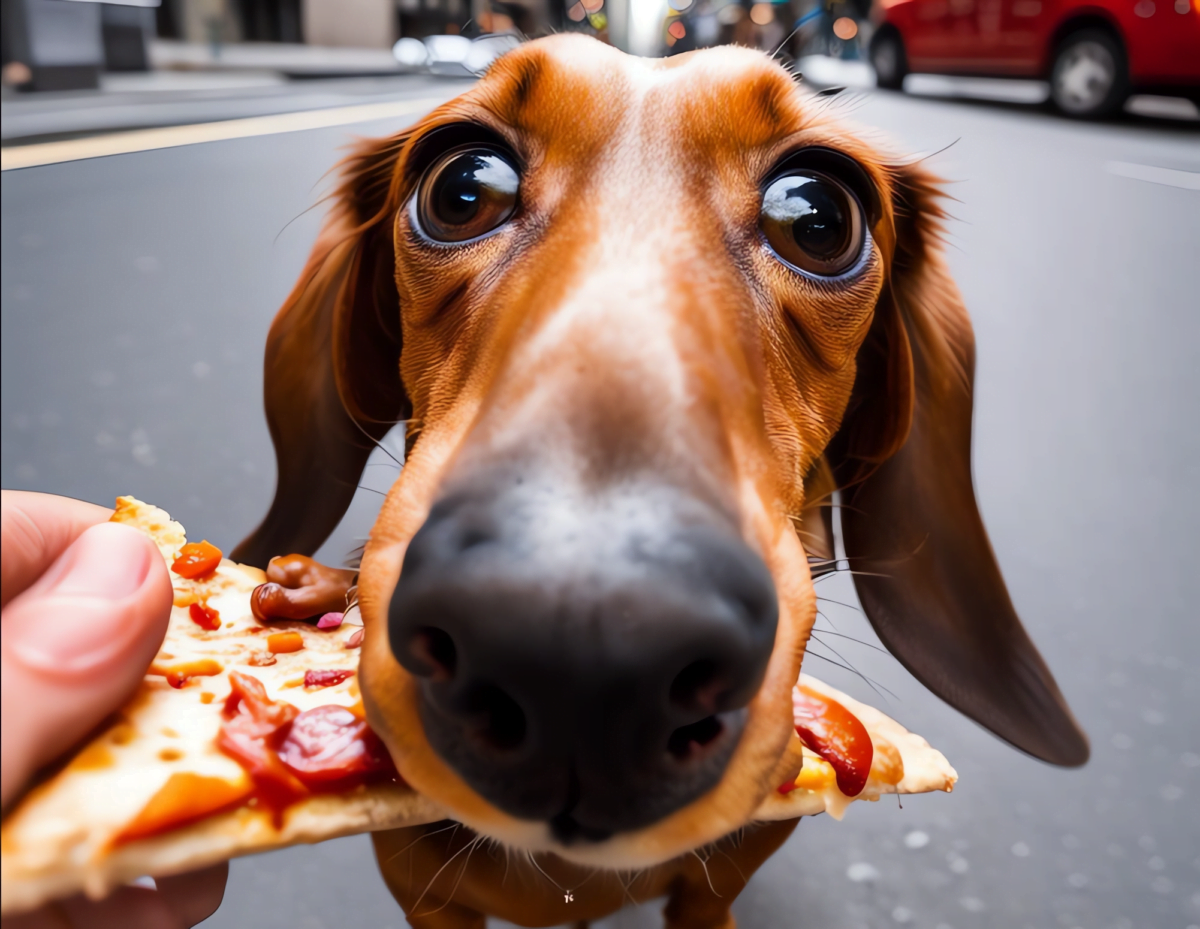 Ein Hund, der eine Pizza isst, AI-generiertes Bild mit SD XL