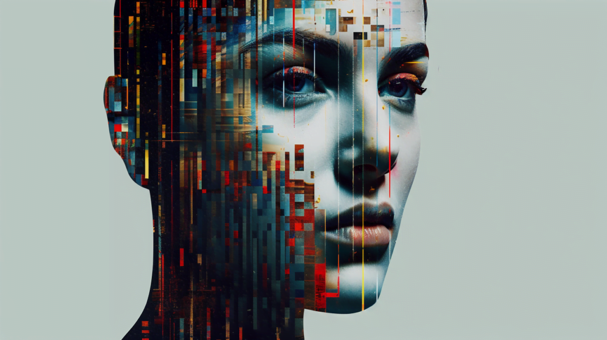 A face being scanned, in a data stream, abstract art