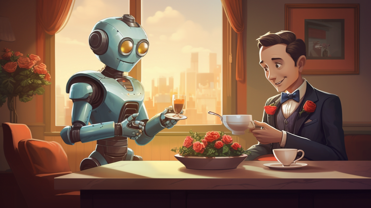 Eine süße KI-generierte Comic-Illustration eines Roboter-Butlers, der seinem Herren ein Glas Tee serviert.