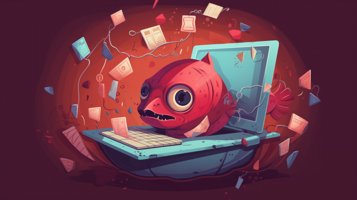 Süße KI-Illustration von einem roten Fisch, der aus einem Laptop-Bildschirm herausguckt.