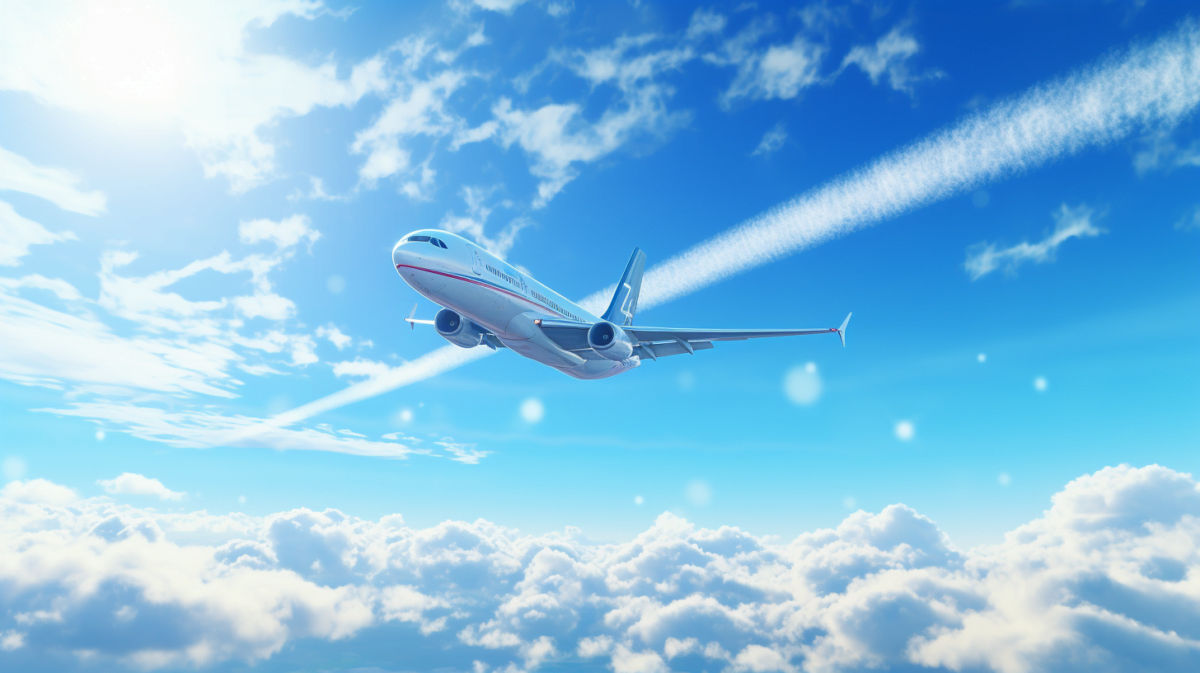 KI-Illustration eines Flugzeugs zwischen Wolken und Kondensstreifen.