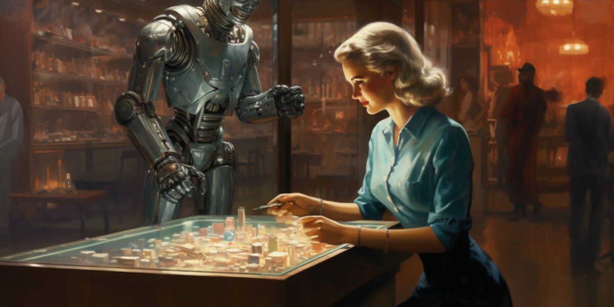 Eine Frau sieht sich unter dem wachsamen Auge eines Roboterverkäufers die verschiedenen Schmuckstücke an.
