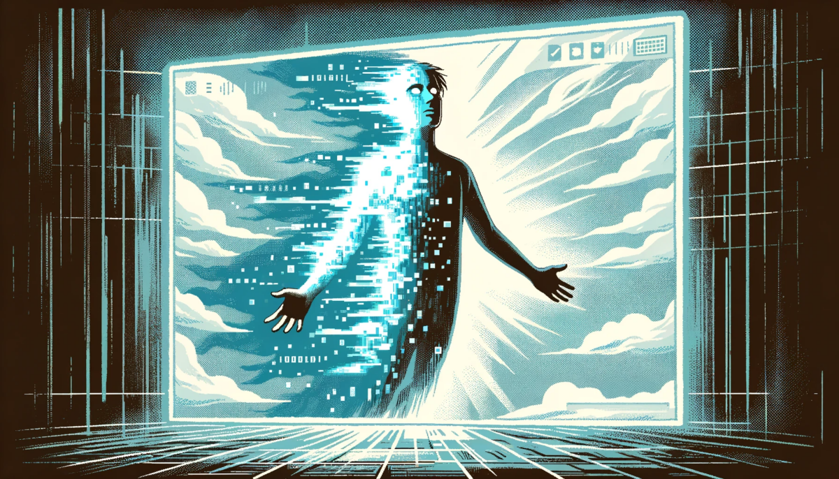 A wide-screen, hand-drawn illustration in a glitch-style, inspired by the Verge. The image shows a scene where a person, previously deceased, is resurrected as a digital ghost. The ghost should appear ethereal and slightly translucent, with digital elements like pixels and binary code integrated into its form, giving it a digital, glitchy appearance. The background should be simple and abstract, emphasizing the digital ghost as the focal point of the illustration.
