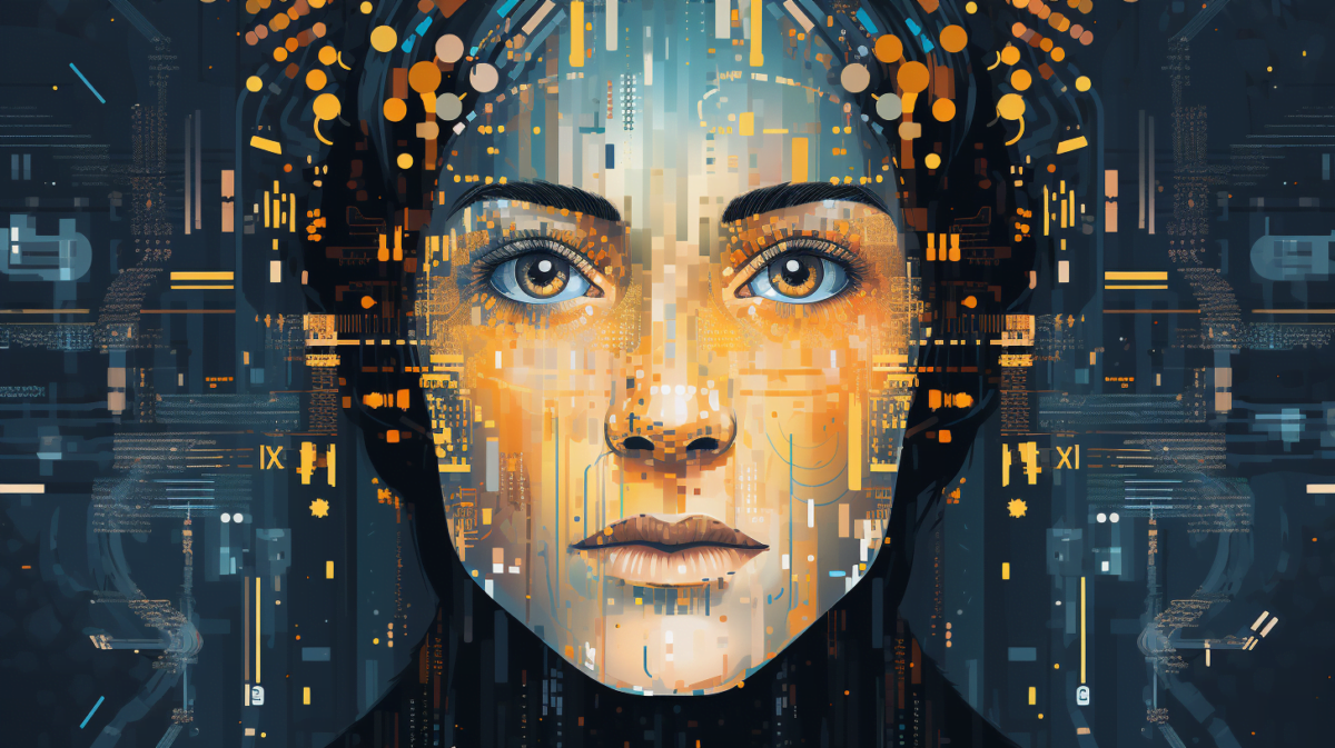 AI-Illustration, Nahaufnahme eines weiblichen Gesichts, Matrix-Stil Overlay