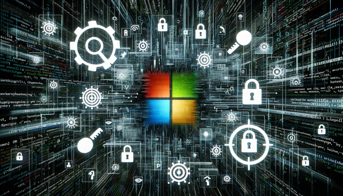 Das Microsoft Logo umgeben von typischen Symbolen aus der Cybersecurity.