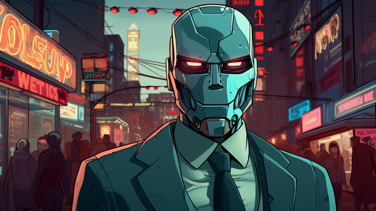 ein Roboter-Chatbot im Stil des Grand Theft Auto 5-Ladebildschirm-Comics