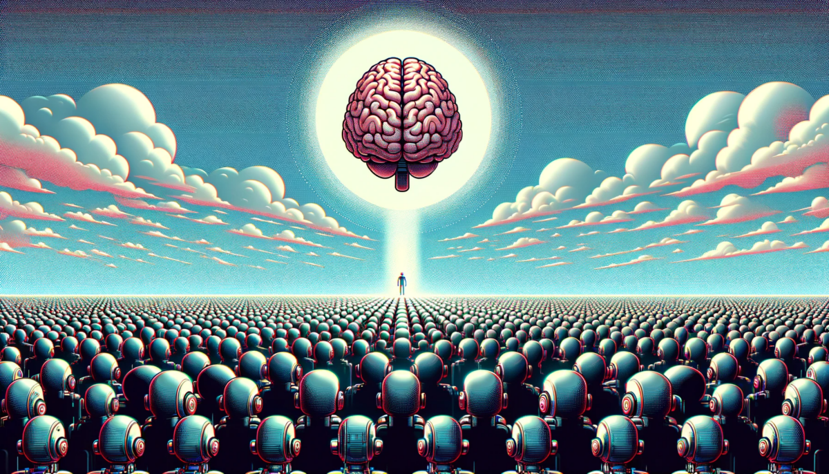 A widescreen illustration with a clear focus on thousands of small robots at the bottom, each distinctly designed to express marvel and admiration towards a human brain floating in the sky above them. The human brain, centrally placed and highlighted by a minimalistic circle of light, stands out against the sky. The robots are depicted with clear facial expressions or body language that conveys awe and fascination. The overall style includes a glitch aesthetic, adding a modern, digital vibe to the scene, making it appear cutting-edge and tech-oriented.
