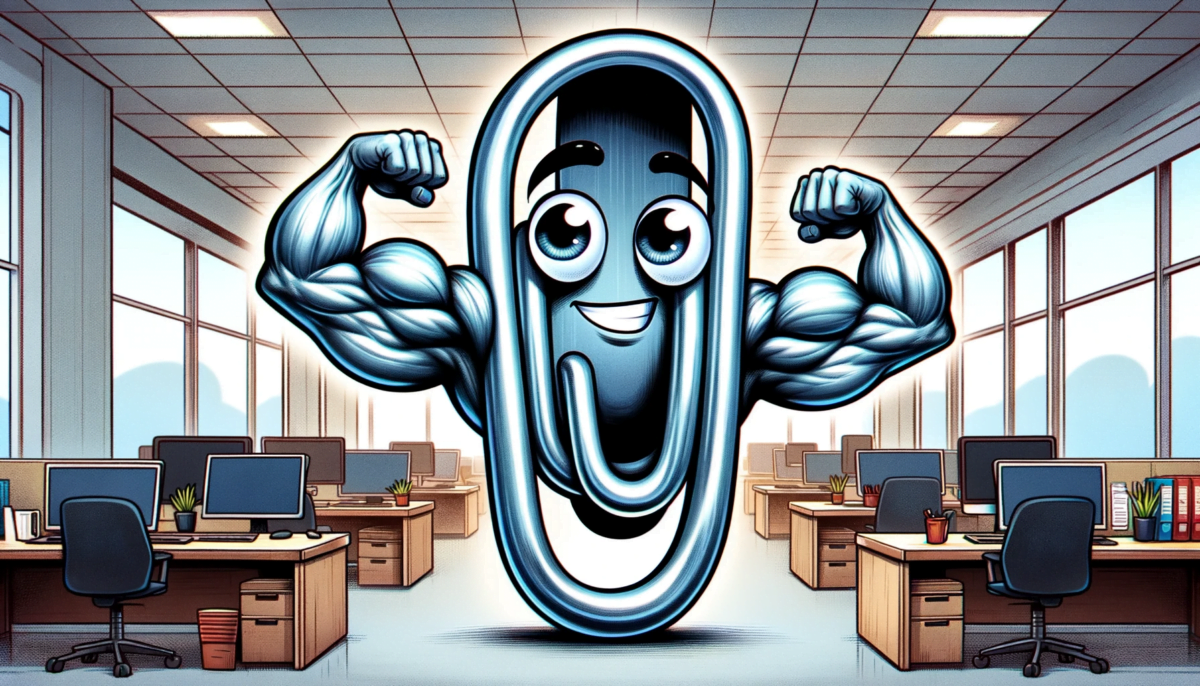 Hand-drawn widescreen illustration of a whimsical office assistant character, inspired by Microsoft's 'Clippy'. This character is depicted with exaggerated, cartoonishly large muscles, flexing in a heroic pose. The background is an office setting, with computers and desks. The character has a metallic, shiny finish, similar to a paperclip, with big, expressive eyes and a smiling mouth, giving it a friendly yet formidable appearance.