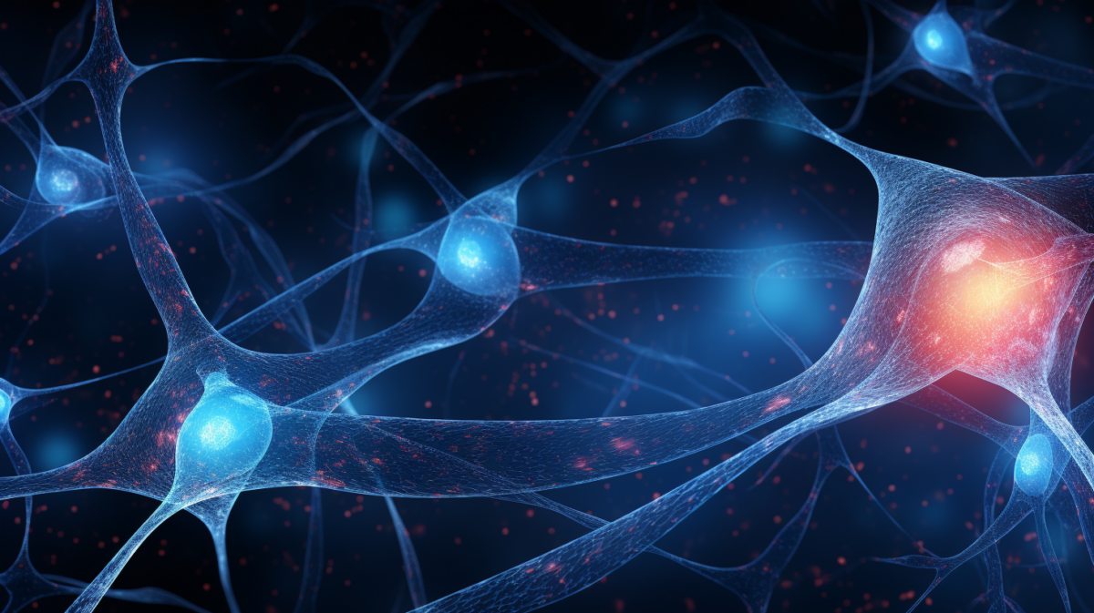 KI-Illustration eines neuronalen Netzwerks, ein Neuron ist rot, die anderen blau.